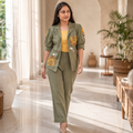 Sage Olive Jacket with Rose Embroidery 3-piece Set
