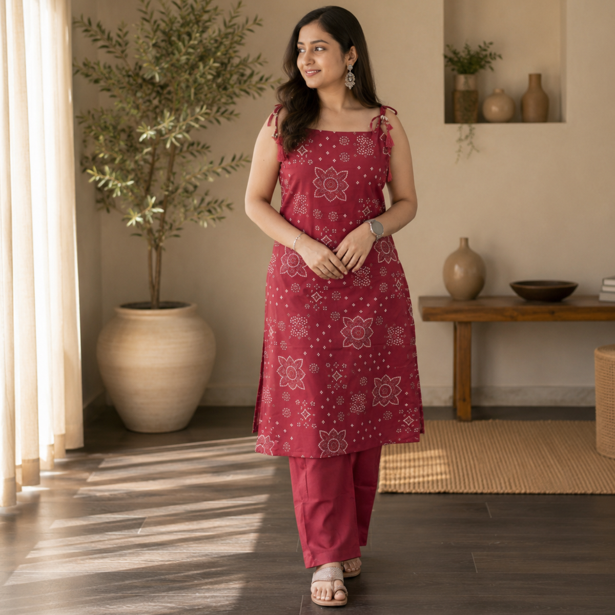 Bandhani Dori Kurta Set- Raspberry Pink