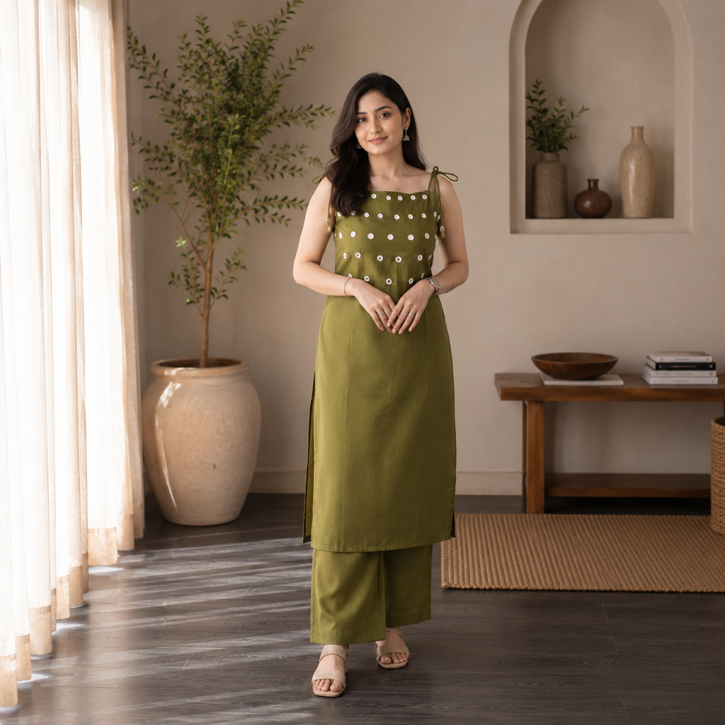 Olive Green Dori Mirror Work Set