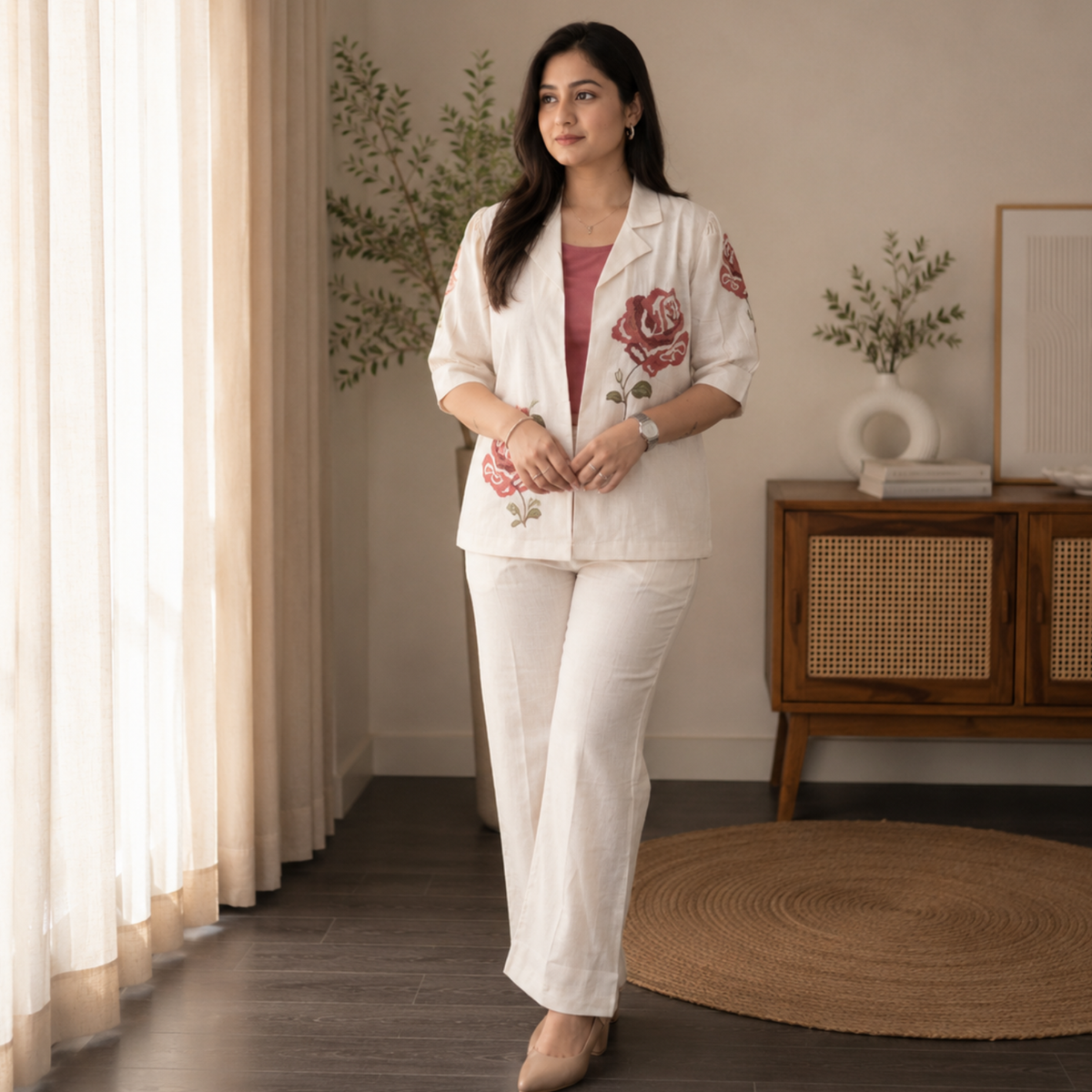 Off-White Jacket with Rose Embroidery 3-piece Set