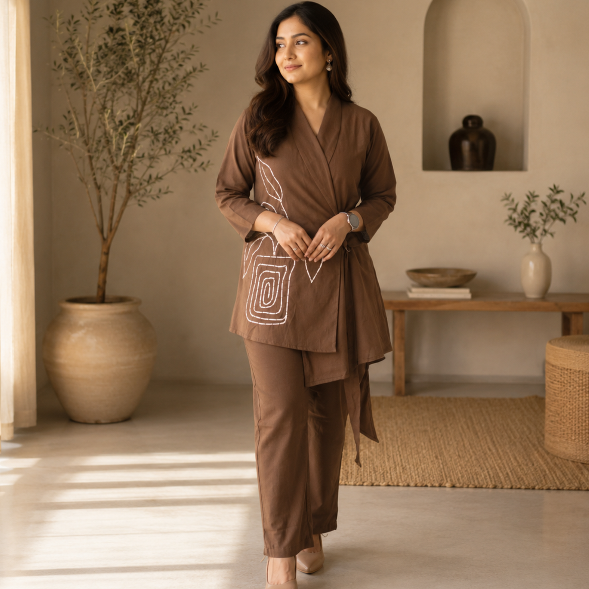 Cocoa Brown Embroidery Shawl Collar Set