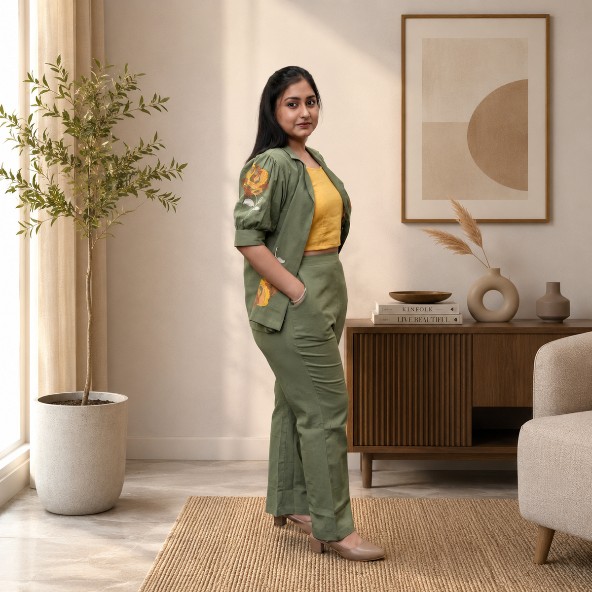 Sage Olive Jacket with Rose Embroidery 3-piece Set