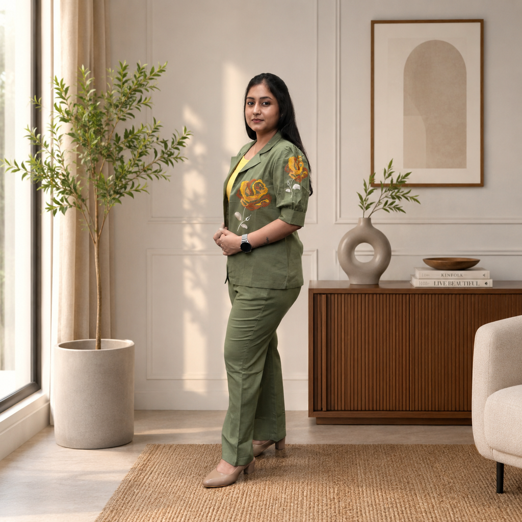 Sage Olive Jacket with Rose Embroidery 3-piece Set
