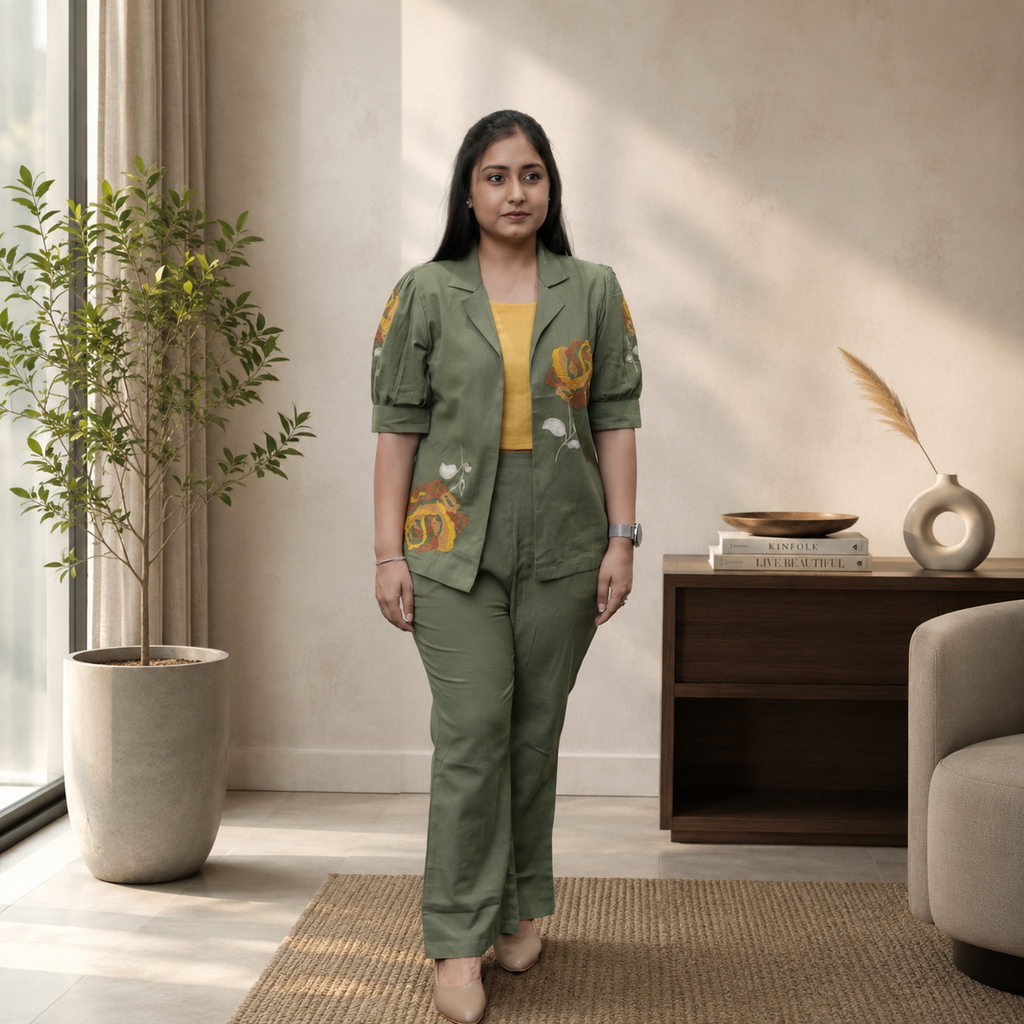 Sage Olive Jacket with Rose Embroidery 3-piece Set