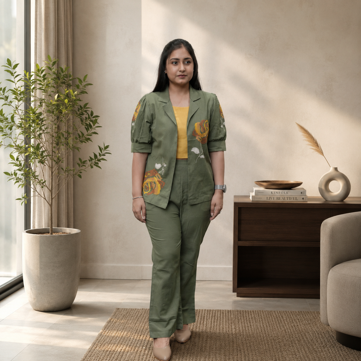 Sage Olive Jacket with Rose Embroidery 3-piece Set