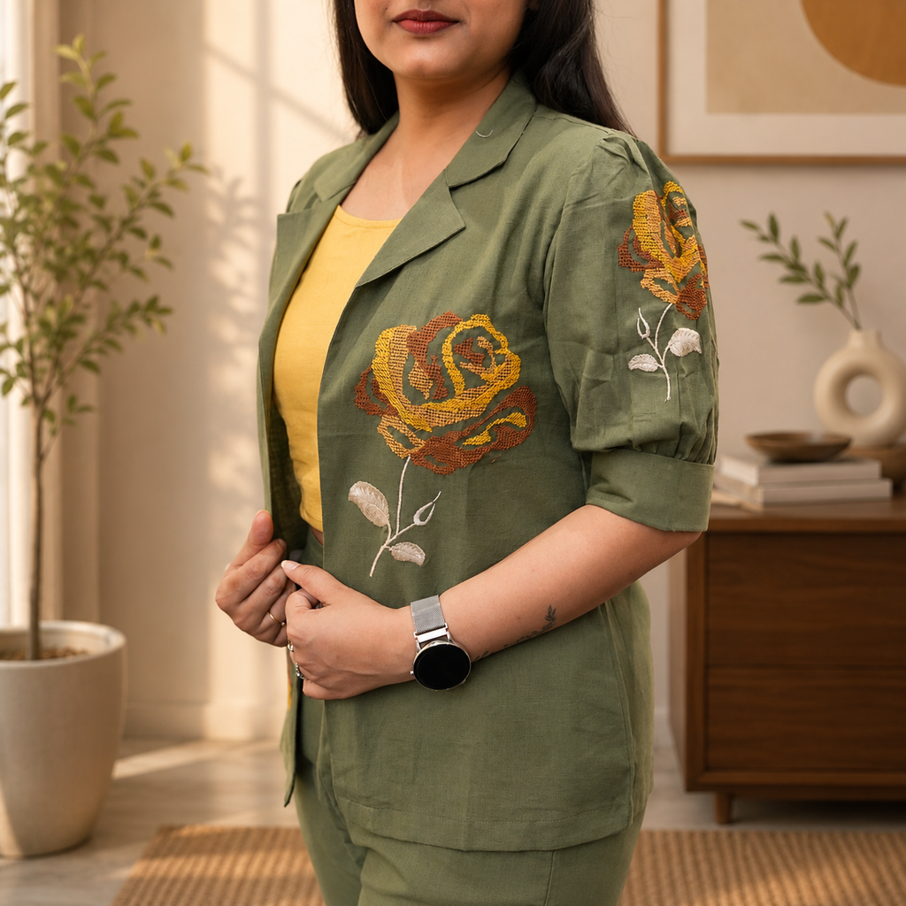 Sage Olive Jacket with Rose Embroidery 3-piece Set