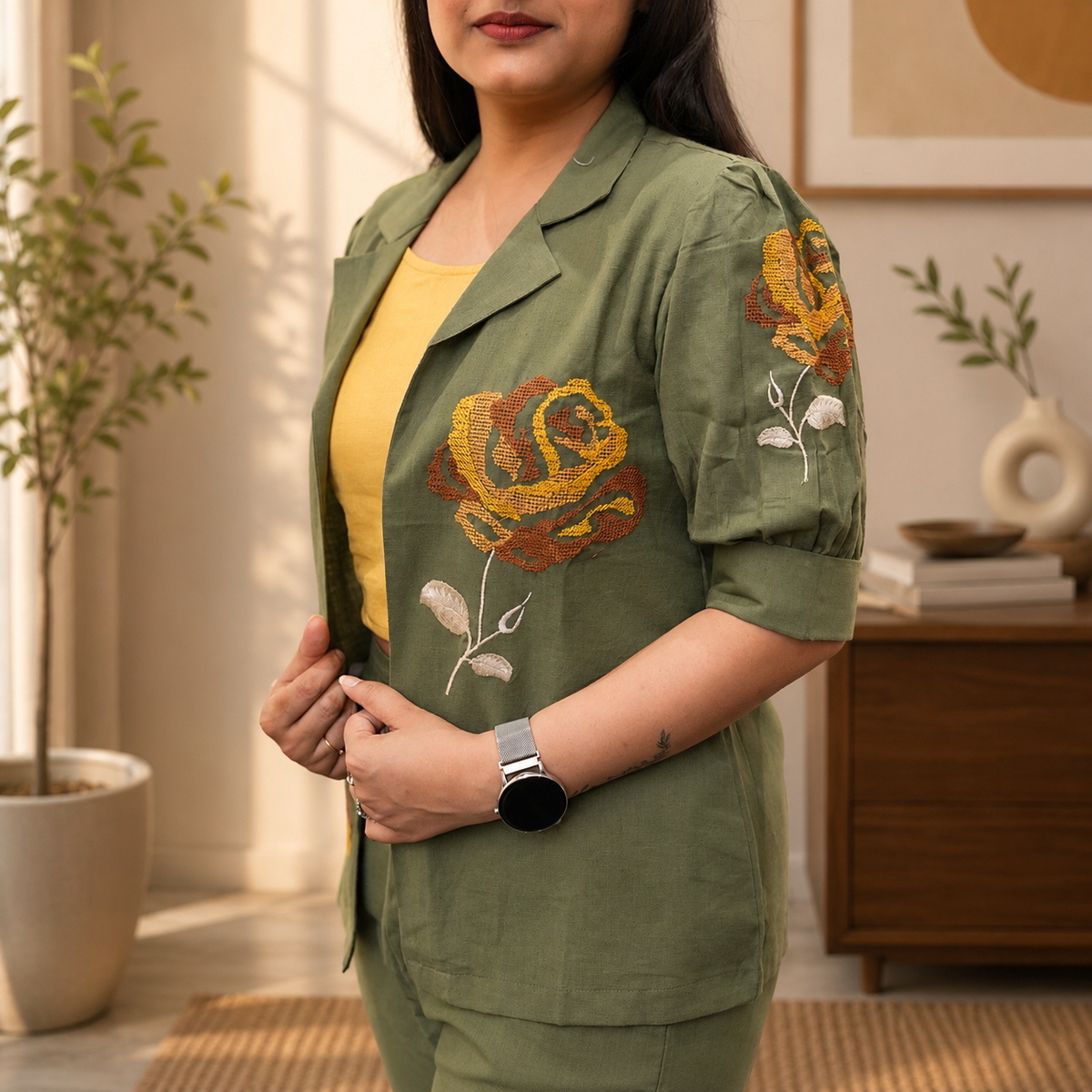 Sage Olive Jacket with Rose Embroidery 3-piece Set