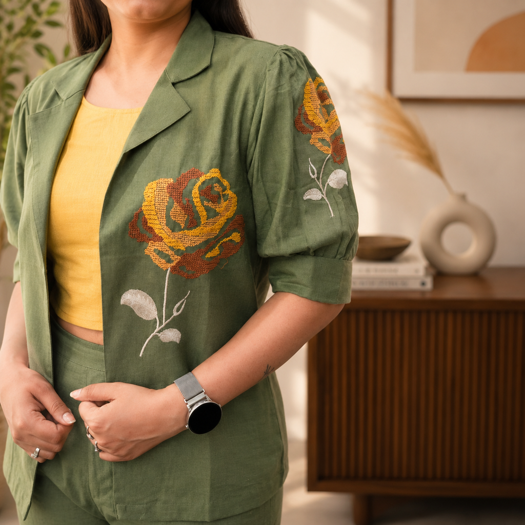 Sage Olive Jacket with Rose Embroidery 3-piece Set