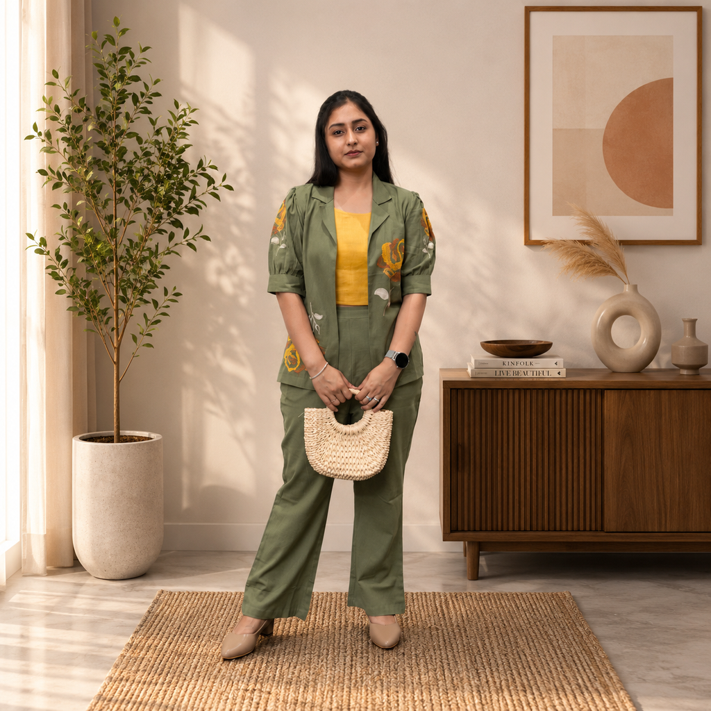 Sage Olive Jacket with Rose Embroidery 3-piece Set