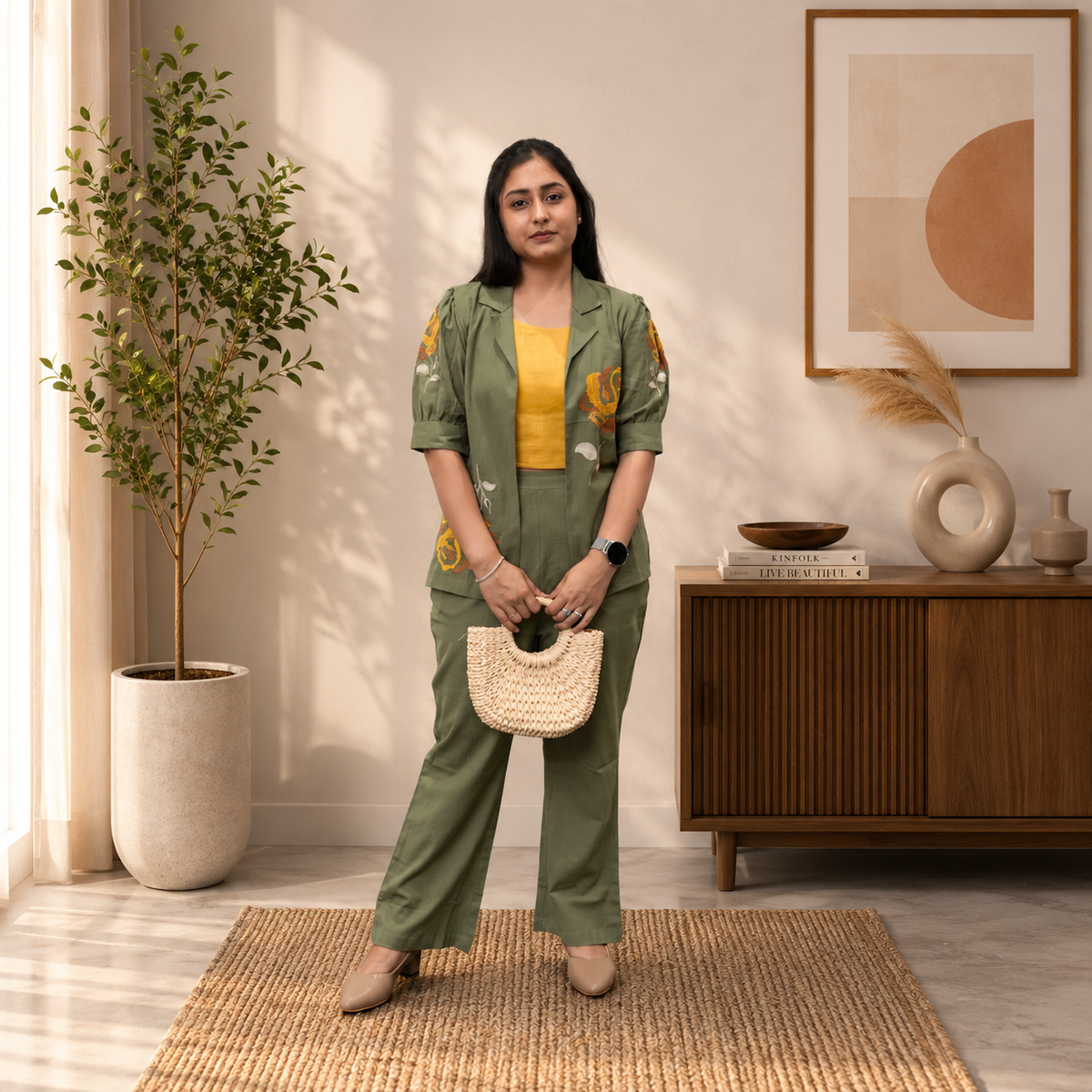 Sage Olive Jacket with Rose Embroidery 3-piece Set