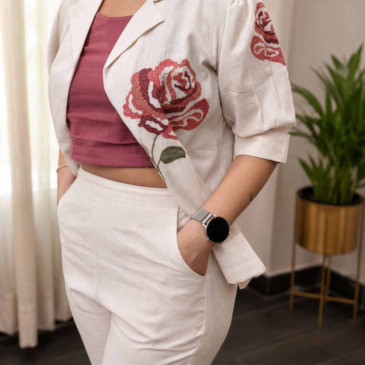 Off-White Jacket with Rose Embroidery 3-piece Set