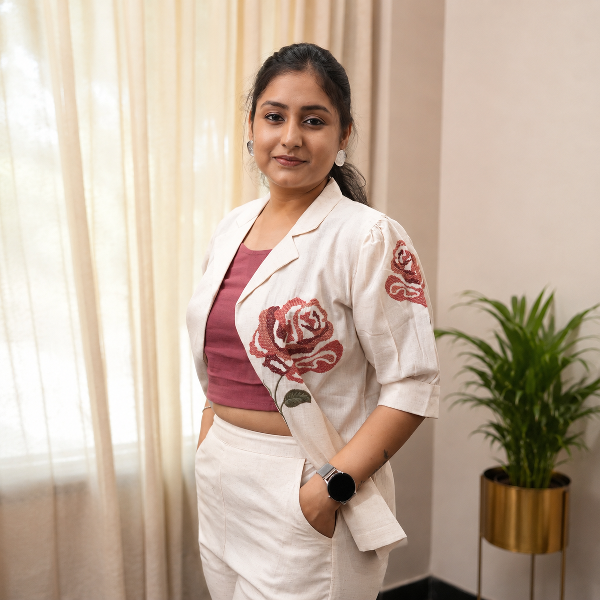 Off-White Jacket with Rose Embroidery 3-piece Set