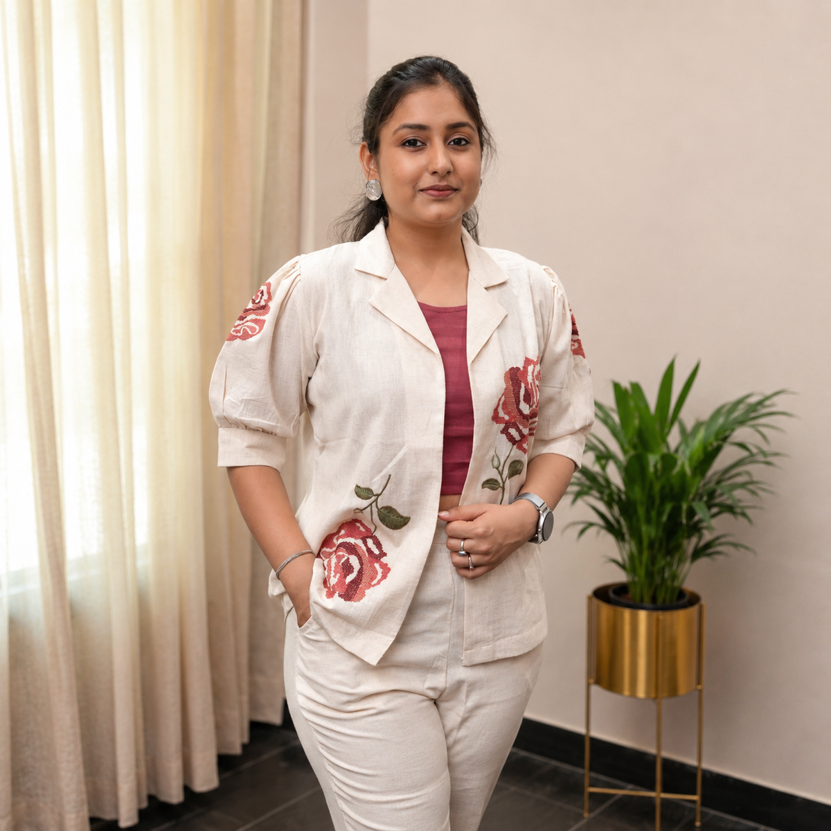 Off-White Jacket with Rose Embroidery 3-piece Set