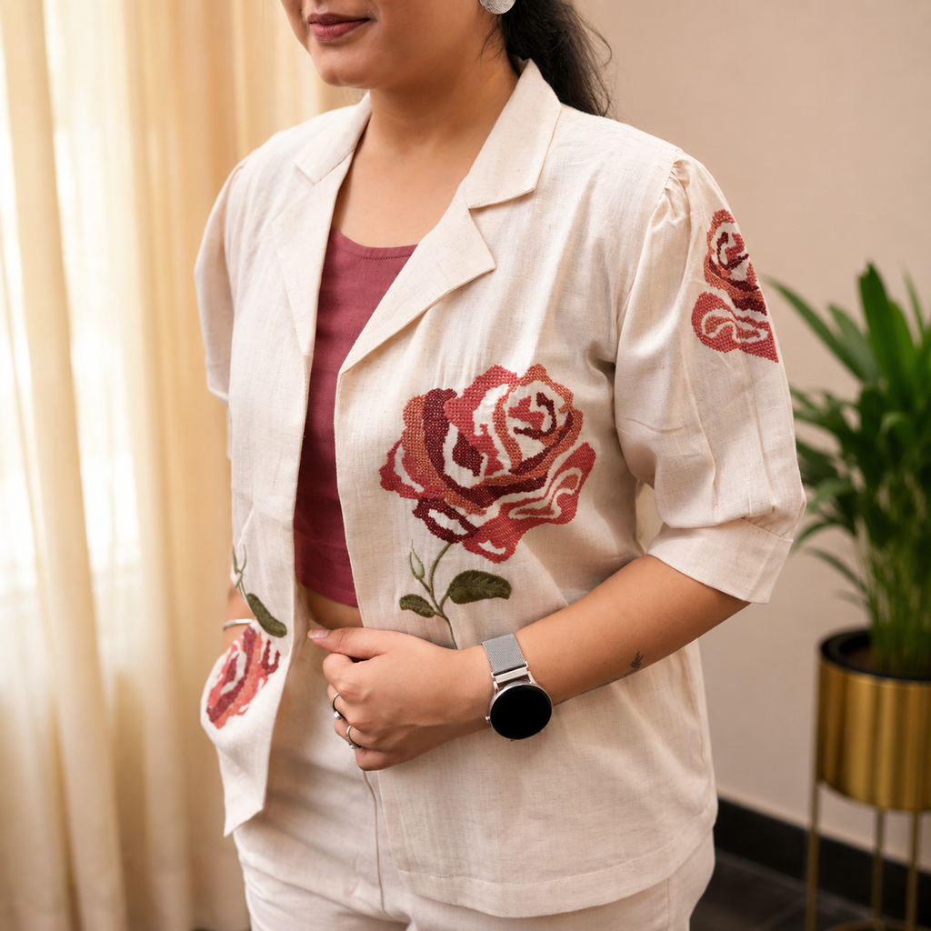 Off-White Jacket with Rose Embroidery 3-piece Set