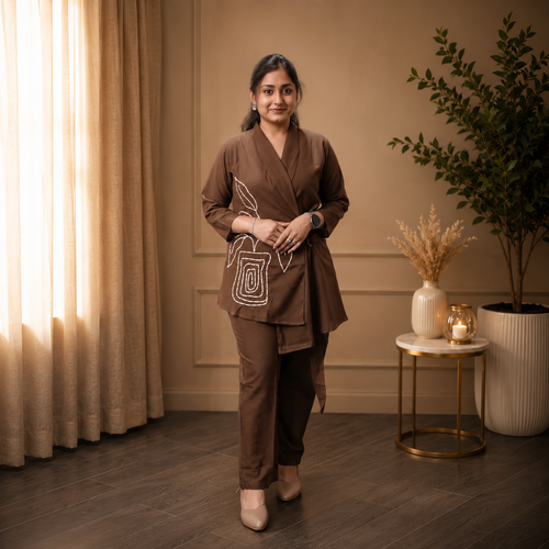 Cocoa Brown Embroidery Shawl Collar Set
