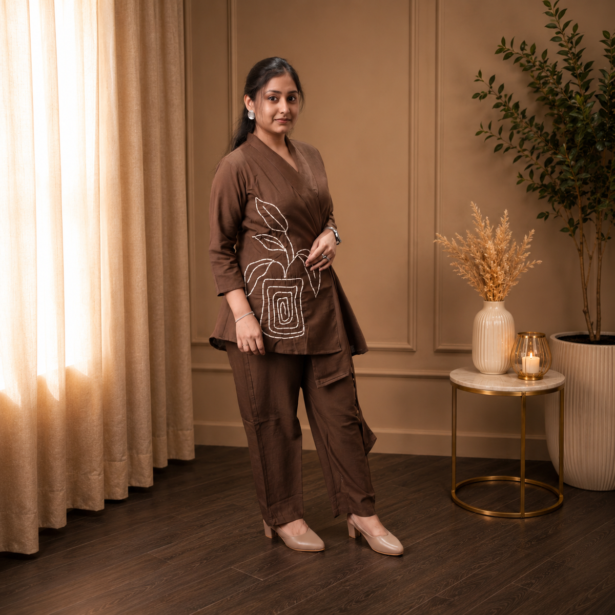 Cocoa Brown Embroidery Shawl Collar Set