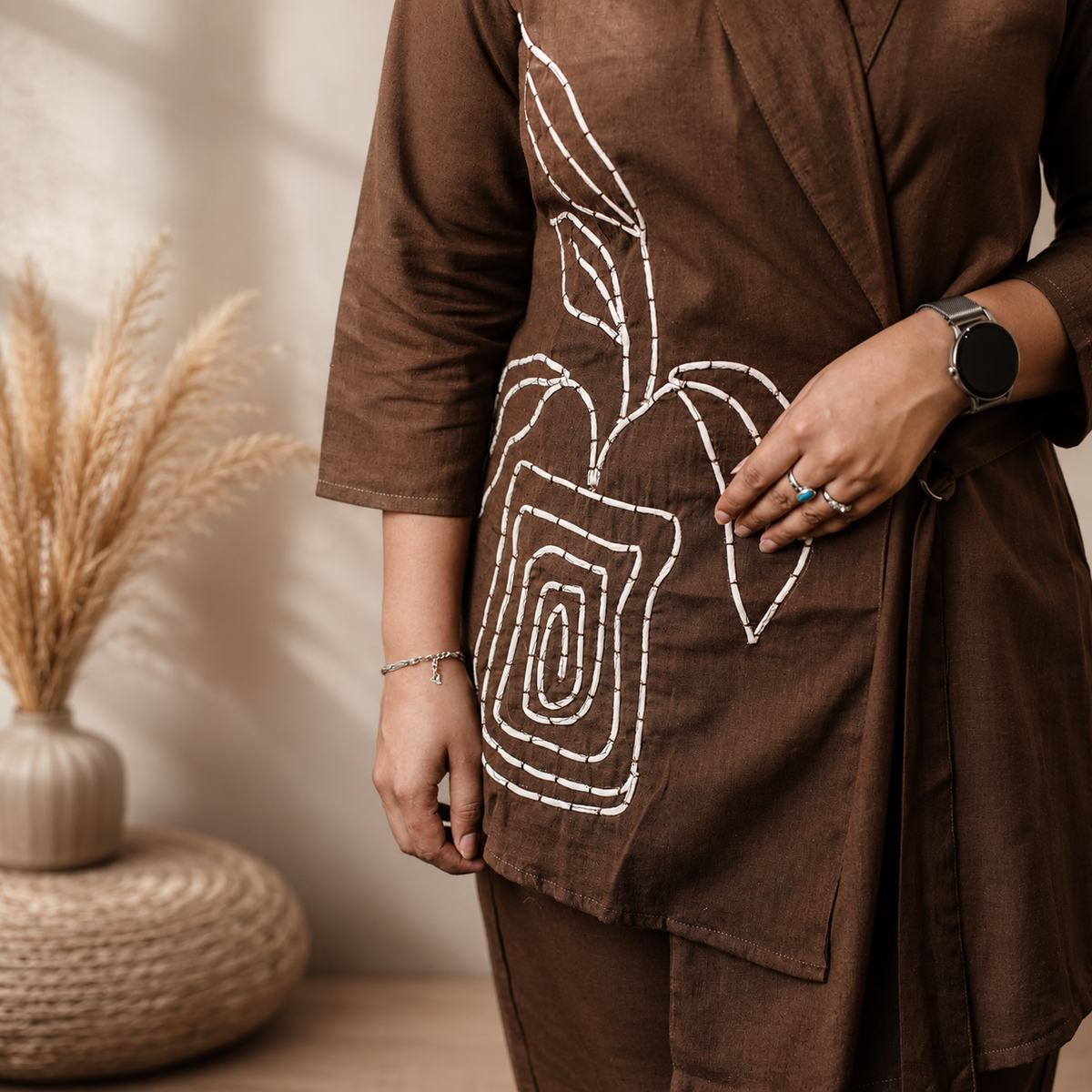 Cocoa Brown Embroidery Shawl Collar Set