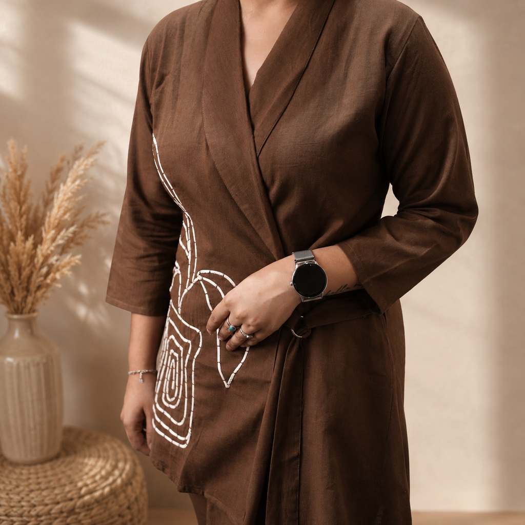Cocoa Brown Embroidery Shawl Collar Set