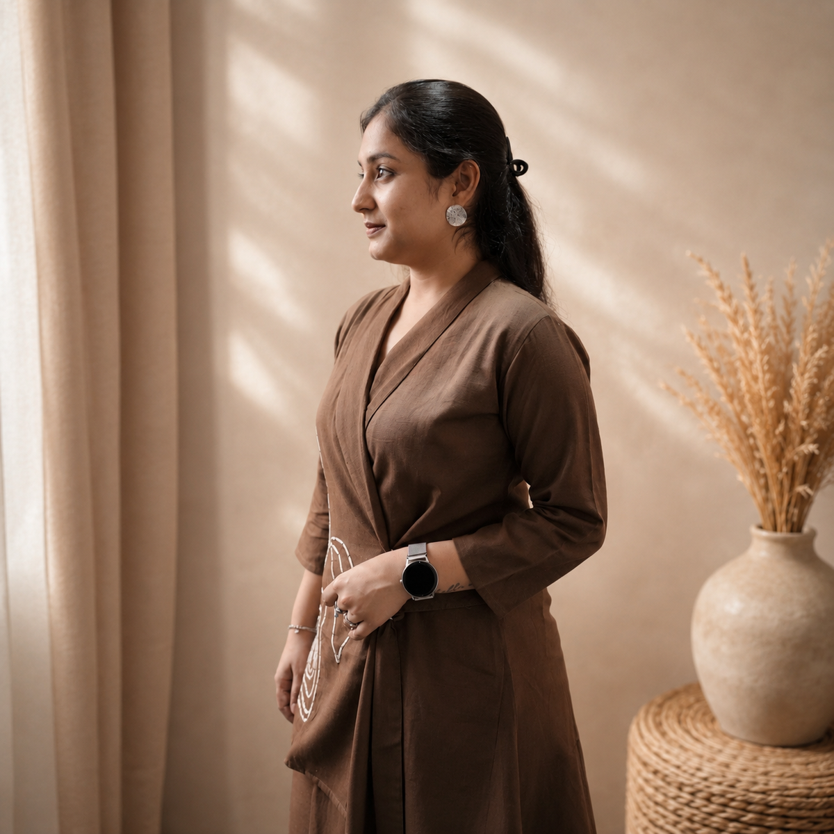 Cocoa Brown Embroidery Shawl Collar Set