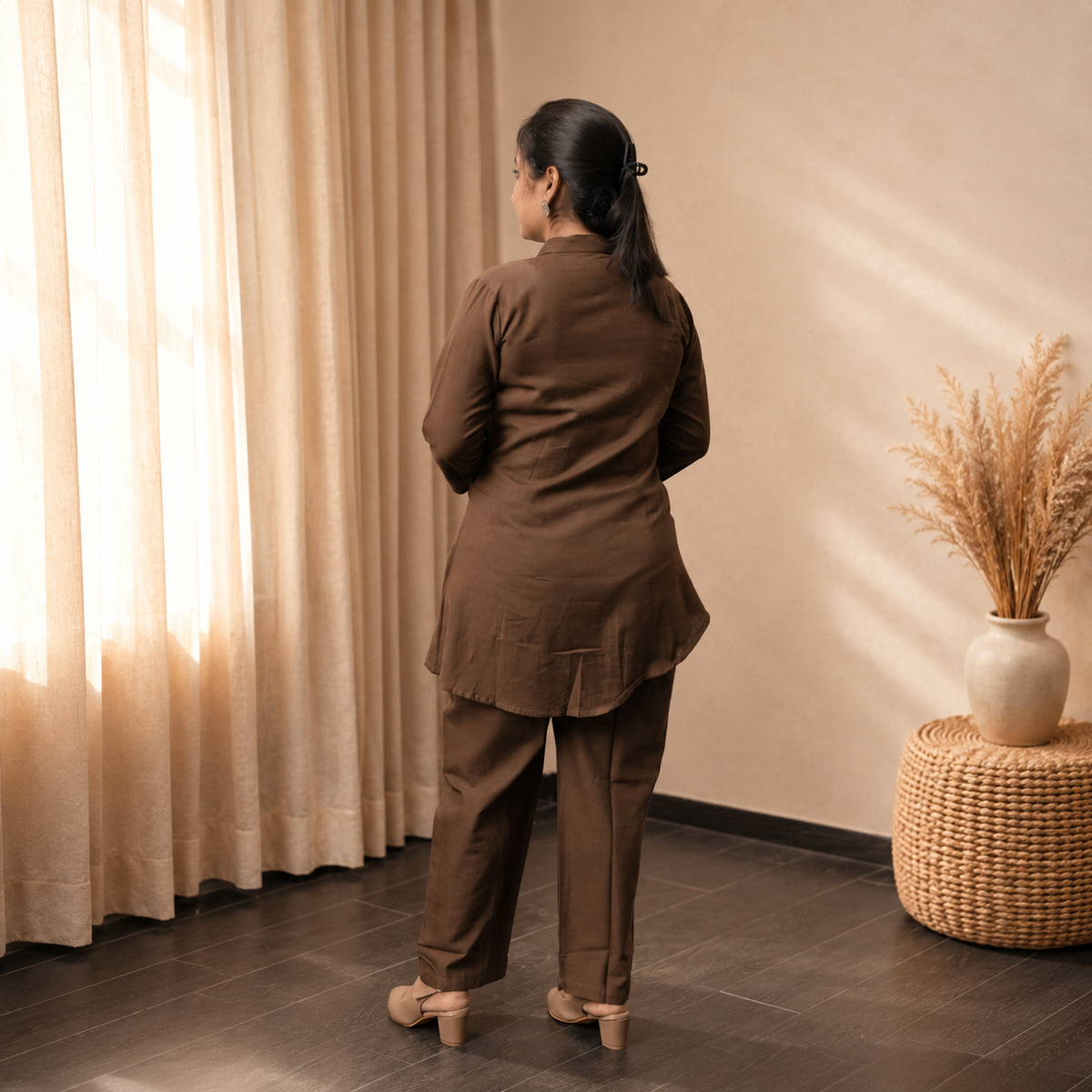 Cocoa Brown Embroidery Shawl Collar Set