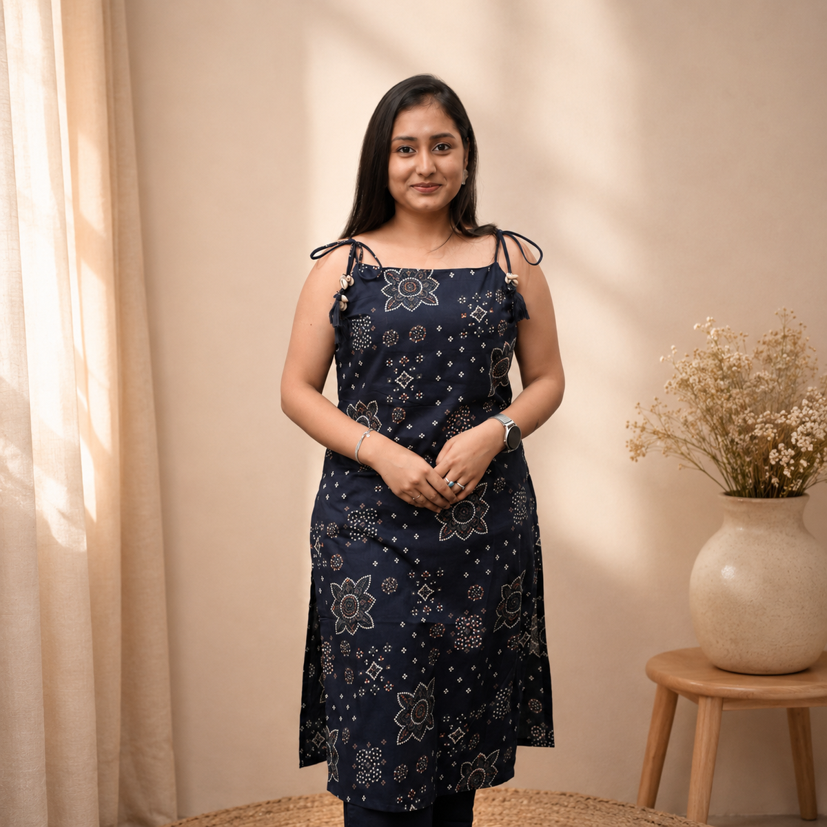Bandhani Dori Kurta Set- Navy Blue
