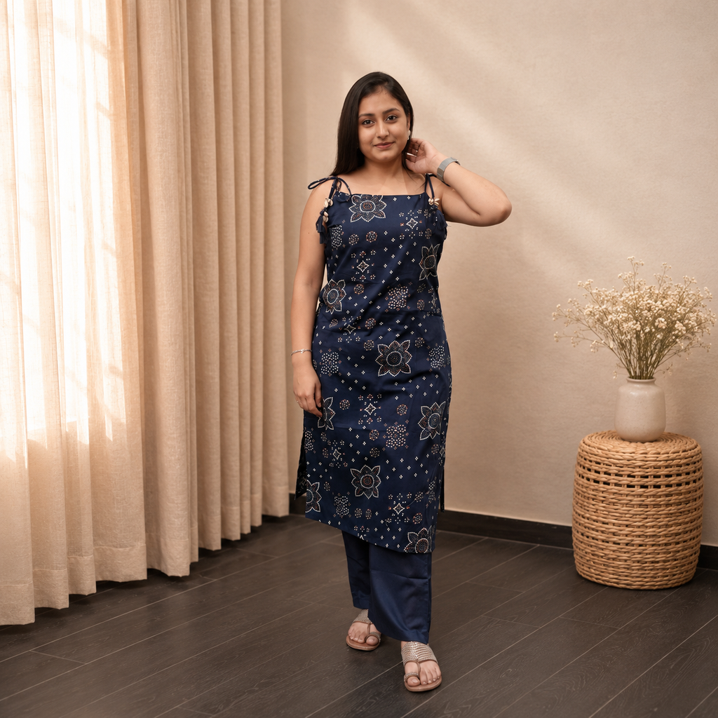 Bandhani Dori Kurta Set- Navy Blue