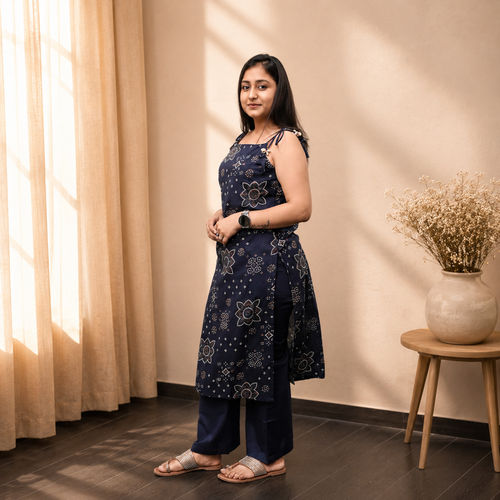 Bandhani Dori Kurta Set- Navy Blue