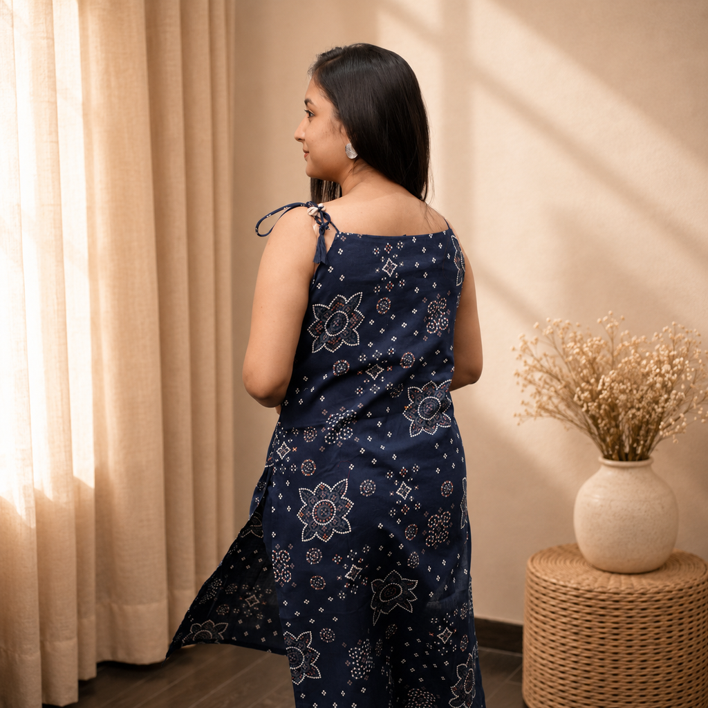 Bandhani Dori Kurta Set- Navy Blue