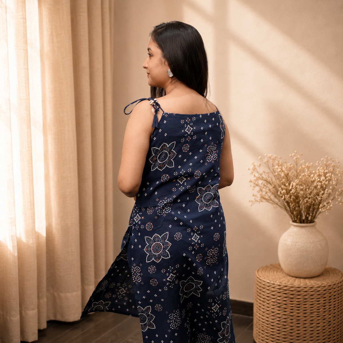 Bandhani Dori Kurta Set- Navy Blue