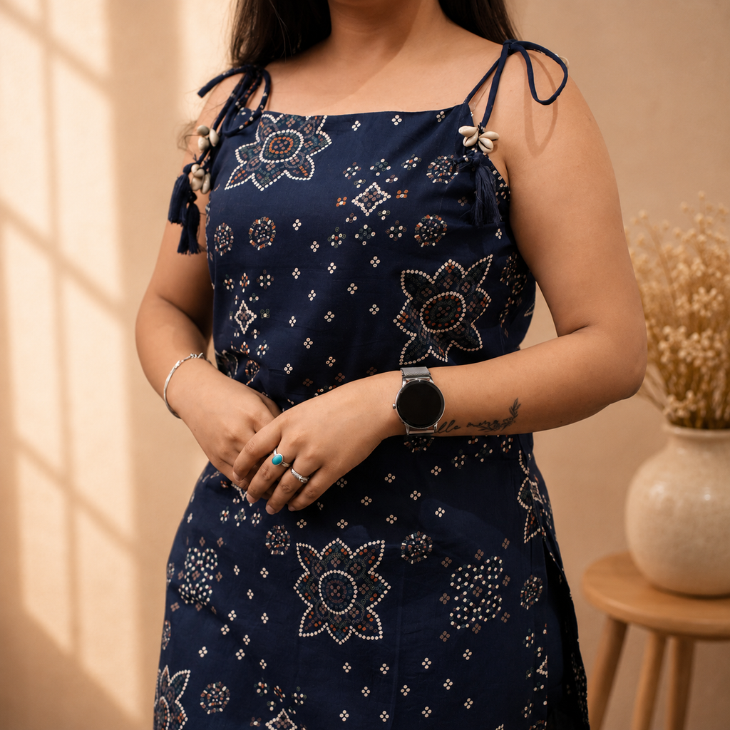 Bandhani Dori Kurta Set- Navy Blue