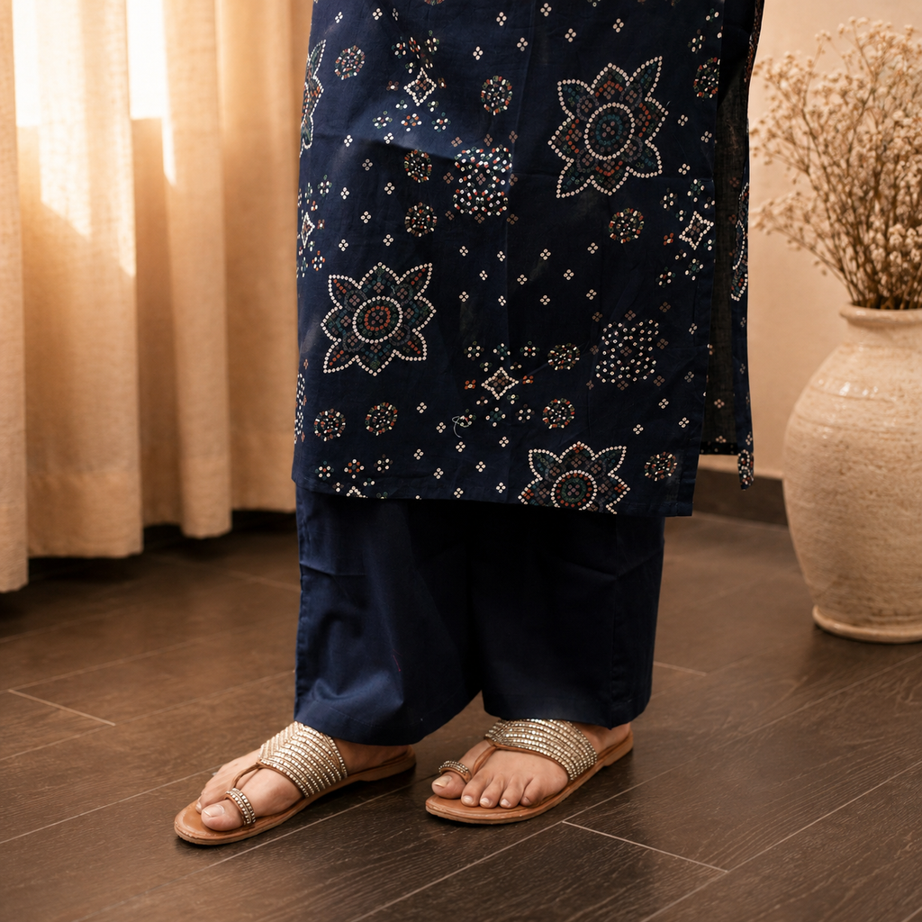 Bandhani Dori Kurta Set- Navy Blue