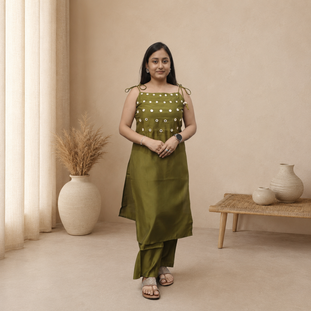 Olive Green Dori Mirror Work Set