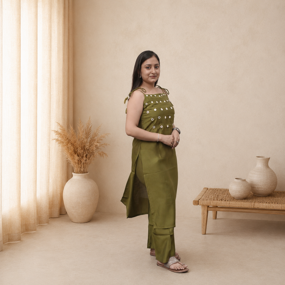 Olive Green Dori Mirror Work Set