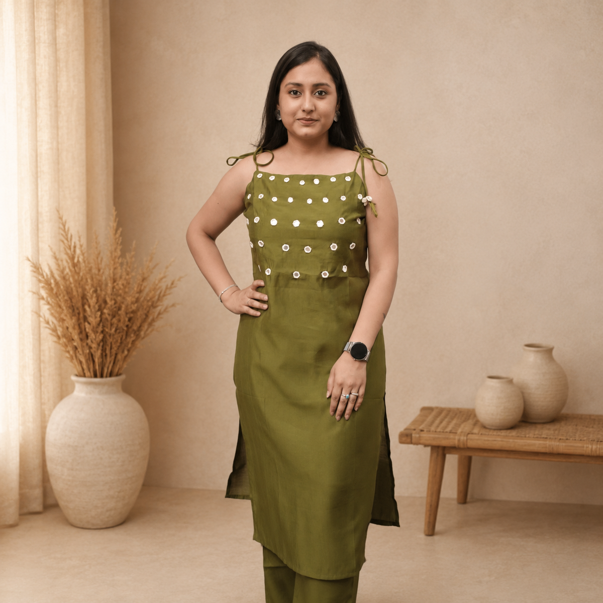 Olive Green Dori Mirror Work Set