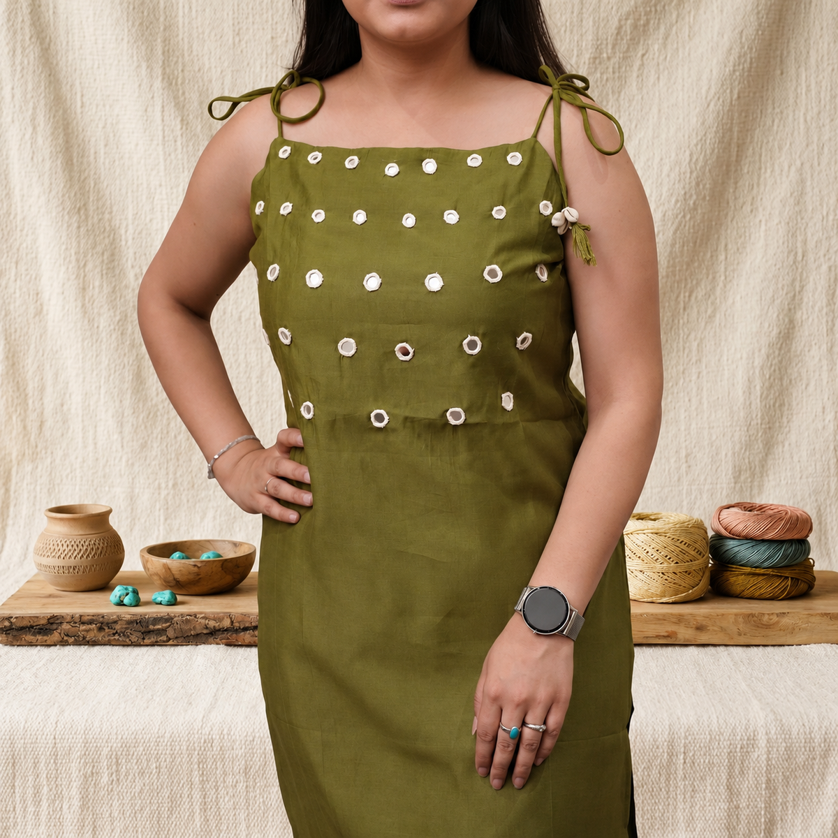 Olive Green Dori Mirror Work Set