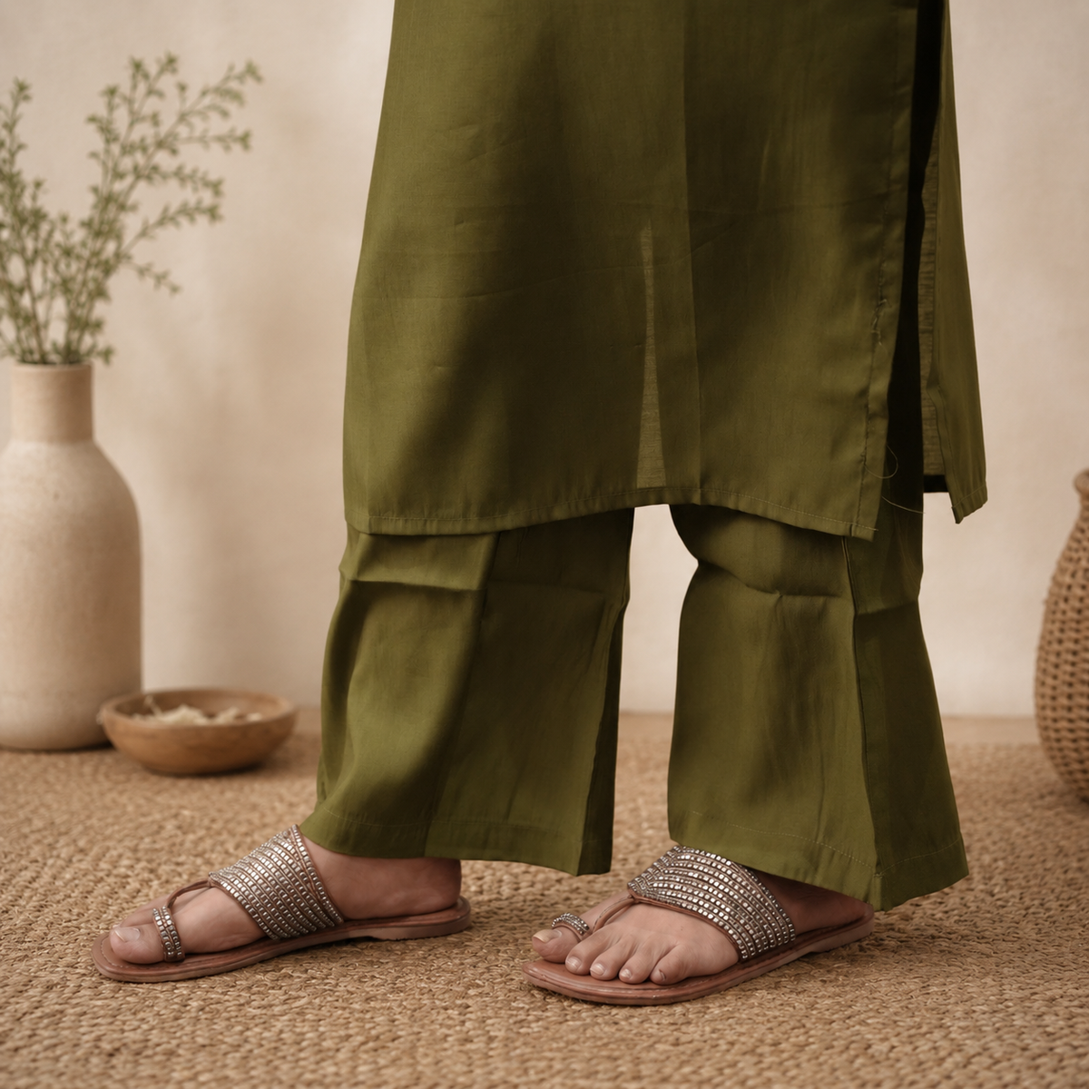Olive Green Dori Mirror Work Set