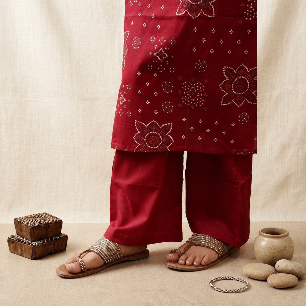 Bandhani Dori Kurta Set- Raspberry Pink