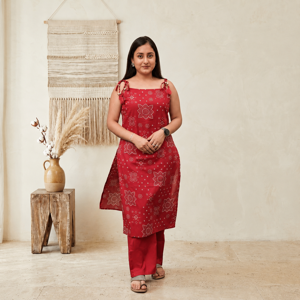 Bandhani Dori Kurta Set- Raspberry Pink