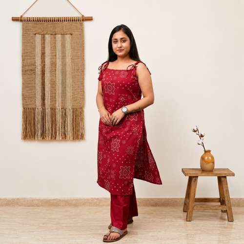 Bandhani Dori Kurta Set- Raspberry Pink