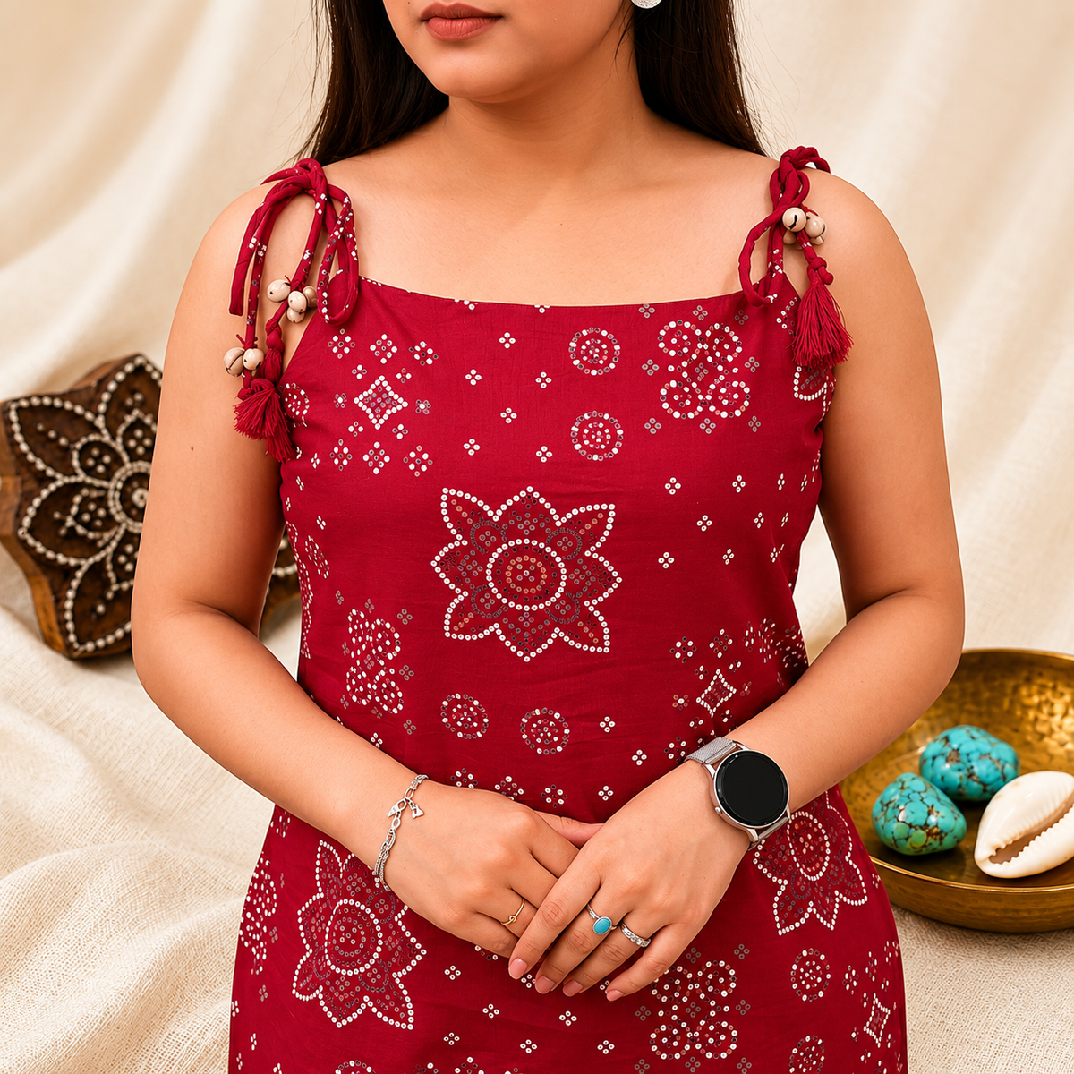 Bandhani Dori Kurta Set- Raspberry Pink