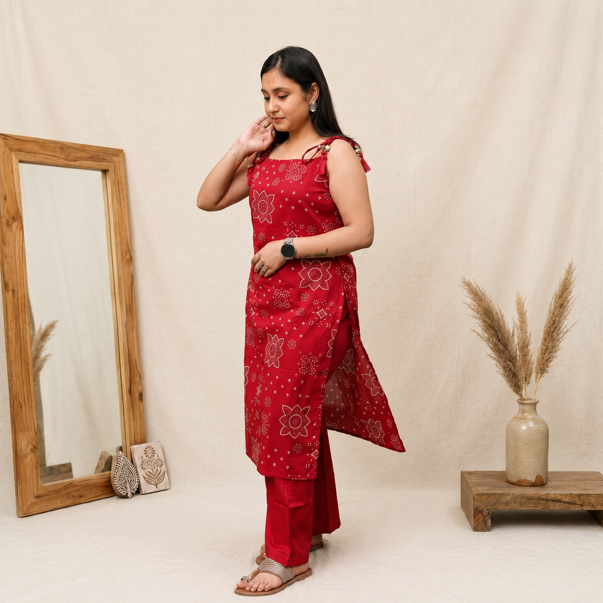 Bandhani Dori Kurta Set- Raspberry Pink