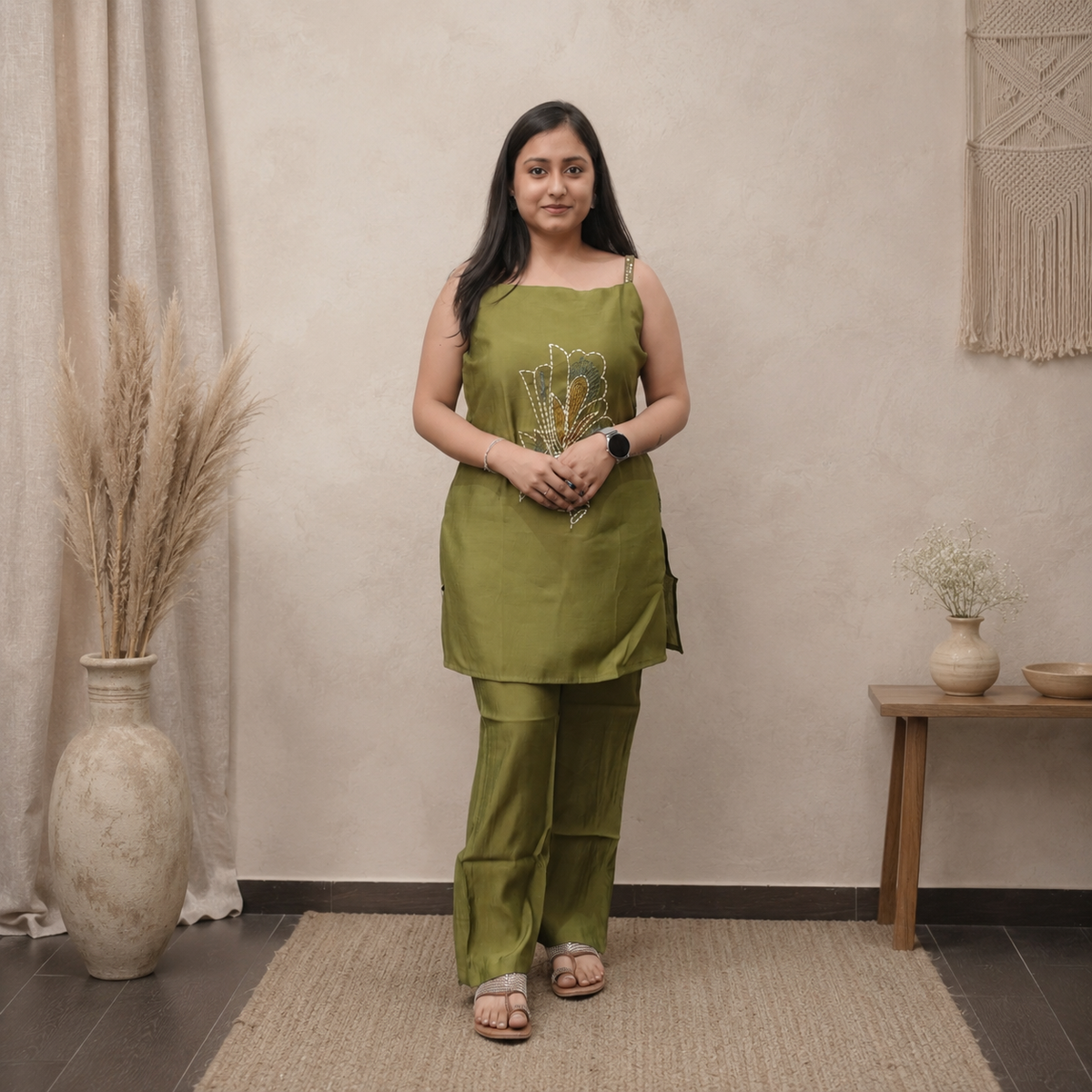 Sage Kantha Embroidery Sequence Strap Co-ord Set