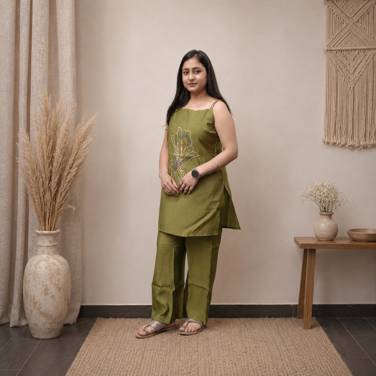 Sage Kantha Embroidery Sequence Strap Co-ord Set
