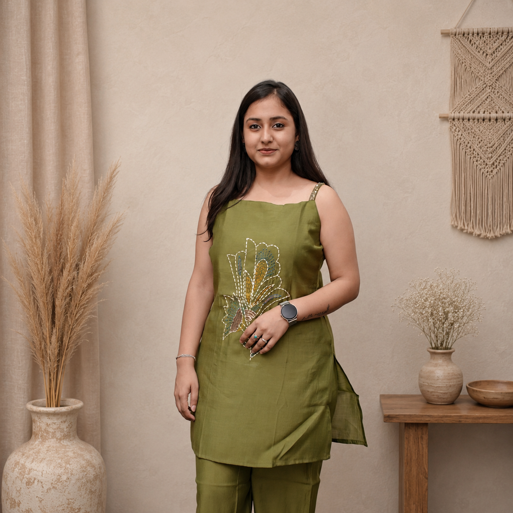 Sage Kantha Embroidery Sequence Strap Co-ord Set