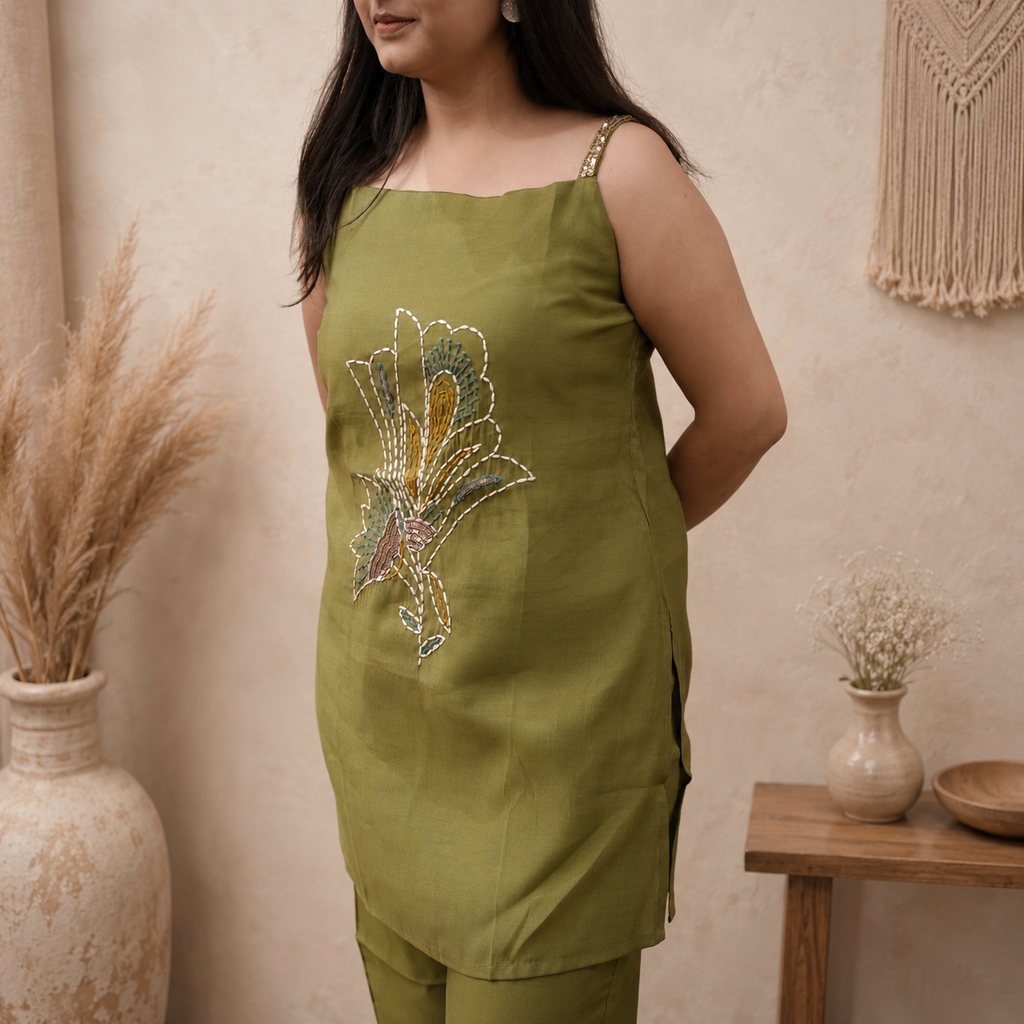 Sage Kantha Embroidery Sequence Strap Co-ord Set