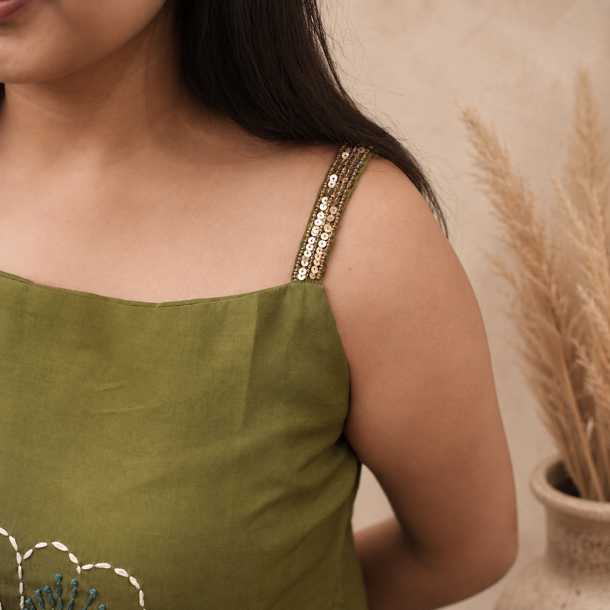 Sage Kantha Embroidery Sequence Strap Co-ord Set