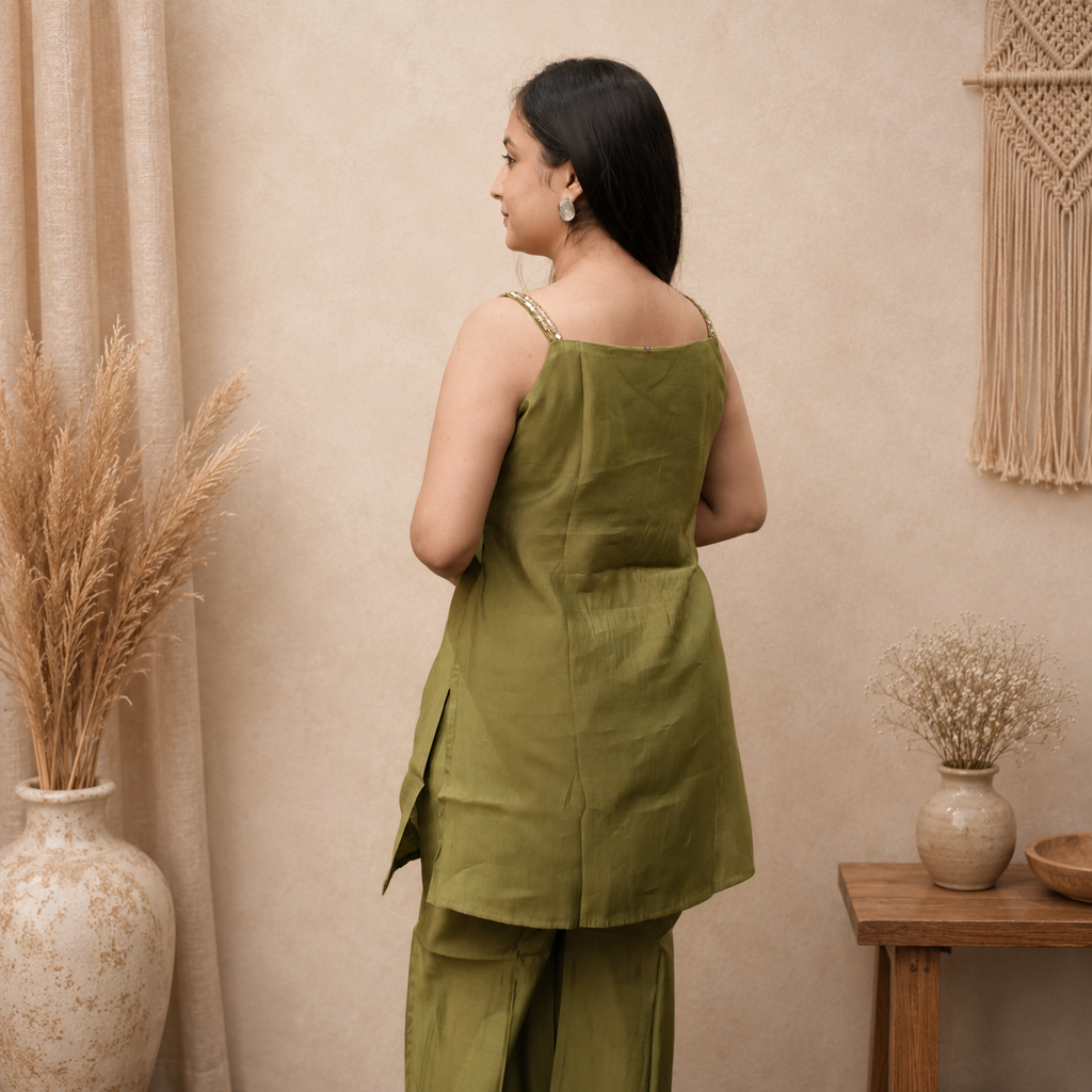 Sage Kantha Embroidery Sequence Strap Co-ord Set
